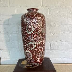 Vintage 1980s Large Paisley Vase | Red and Cream Ceramic Vase | Boho Home Decor